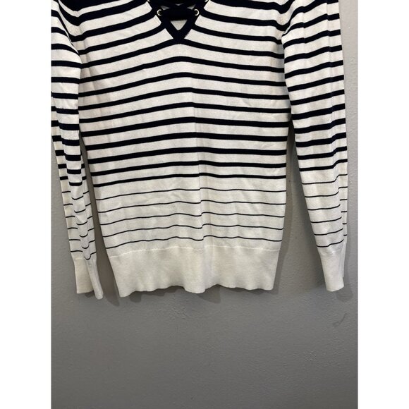 White House Black Market V Neck Striped Navy And White Nautical Sweater Blouse M - Picture 5 of 11
